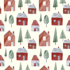Scandinavian village on cream colored background seamless pattern. Cute houses and trees repeat print. Scandi town design. Hand drawn cottages ornament.