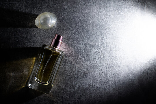 Beautiful composition with bottle of perfume on dark background, flat lay