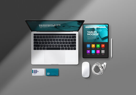Laptop Mockup with Tablet Mouse Digital Pen Earphones Business Card