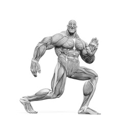bodybuilder muscle maps is doing a free robot dance in white background