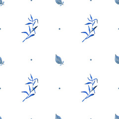 Watercolor blue leaves seamless pattern. Watercolor fabric. Repeat leaves. Use for design invitations, birthdays, weddings