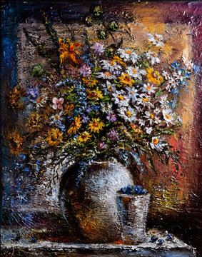Painting Of A Floral Still Life With Oil Paints