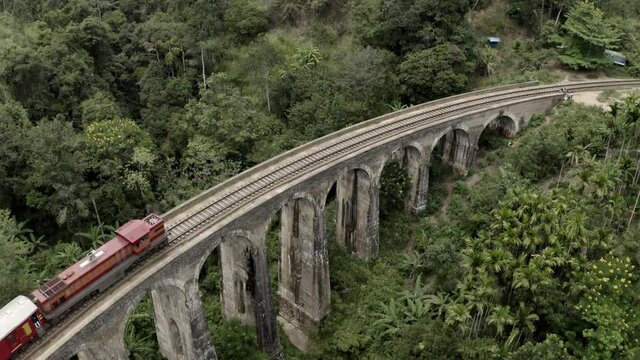 Aerial views of the train in nine arch bridge in Demodara, Ella, Sri Lanka