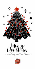 Vector illustration for postcard layout with an image of a decorated Christmas tree, snowflakes, lettering, gift. Concept celebrating the New Year, Christmas, congratulations. Vertical postcard format