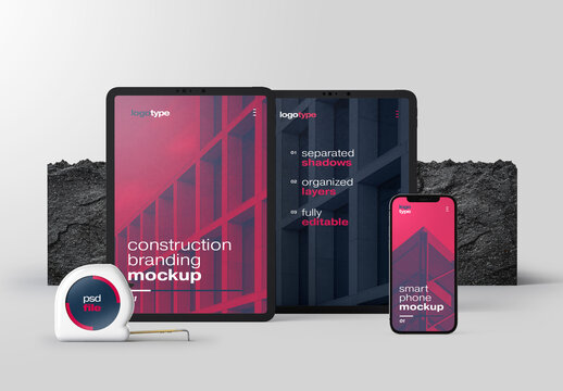 Construction and Architecture Branding Stationery Mockup with Tablet and Phone