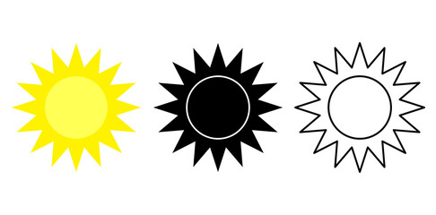Sun icon set. Yellow, silhouette and outline design. Vector illustration on white.