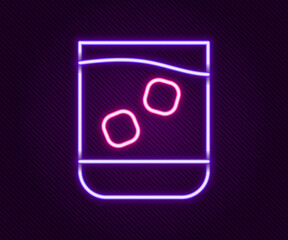 Glowing neon line Glass of whiskey and ice cubes icon isolated on black background. Colorful outline concept. Vector