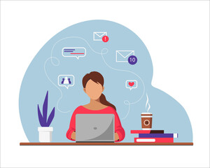 Woman with laptop, education or work concept. A table with folders, a coffee glass. Vector illustration in flat style