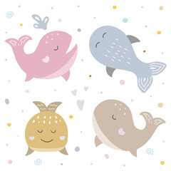 Whale set in hand drawn style. Vector illustration