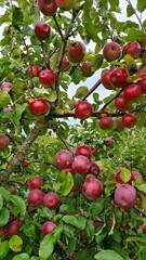 Ripe and delicious red apples on the branches of an apple tree at the beginning of the autumn season