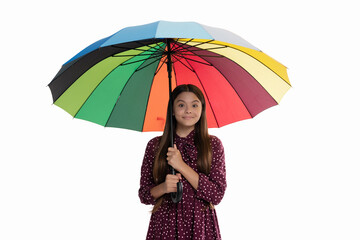 cheerful teen girl under bright color umbrella in fall season isolated on white, fall