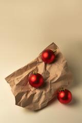 Composition of Red Christmas balls on beige background