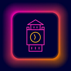 Glowing neon line Big Ben tower icon isolated on black background. Symbol of London and United Kingdom. Colorful outline concept. Vector