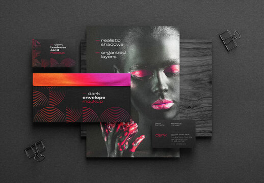 Dark Stationery Branding Mockup with Flyer Envelope and Business Card
