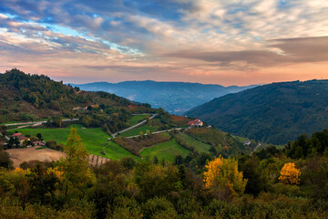 Autumnal view of the hills of Langhe in Italy.
