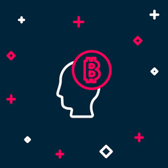 Line Bitcoin think icon isolated on blue background. Cryptocurrency head. Blockchain technology, digital money market, cryptocoin wallet. Colorful outline concept. Vector