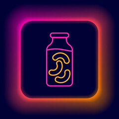 Glowing neon line Pickled cucumbers in a jar icon isolated on black background. Colorful outline concept. Vector