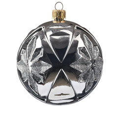one Christmas tree toy with a silver color pattern on a white isolated background close-up