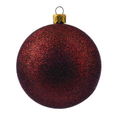 one red Christmas tree toy covered with sequins on a white isolated background