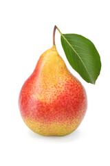 one ripe sweet pear with a green leaf on a white isolated background