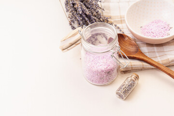 Lavender bath salt for spa treatments. Space for text