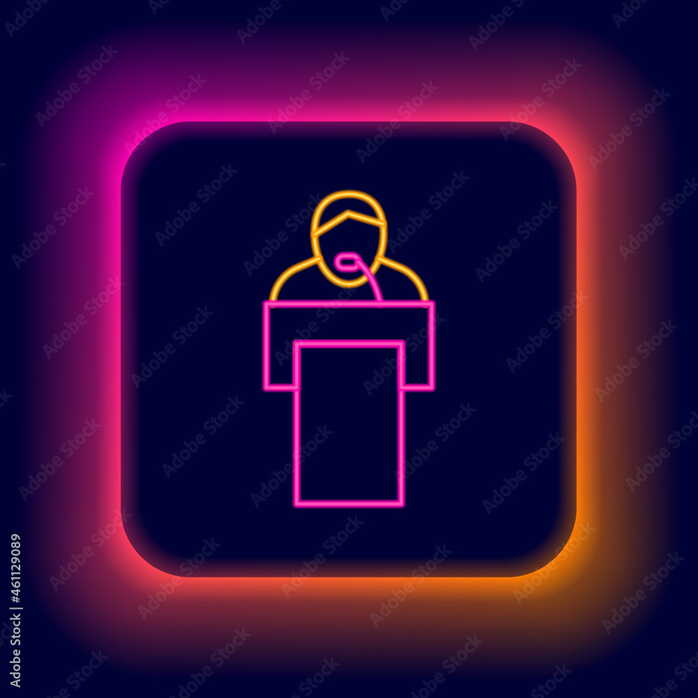 Poster glowing neon line gives lecture icon isolated on black background. stand near podium. speak into mic