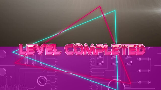 Animation Of Level Completed Text Over Geometrical Shapes And Processor Cores