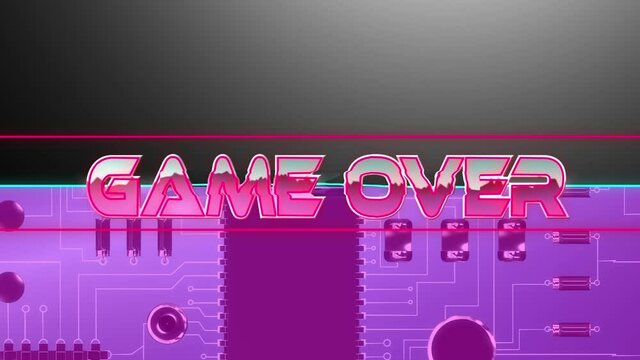 Animation of game over in pink metallic letters over computer circuit board on pink background