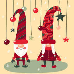 Vector illustration with cute little gnomes in caps, with Christmas decorations and snowflakes. A set of cute fairy tale characters in a cartoon flat style.