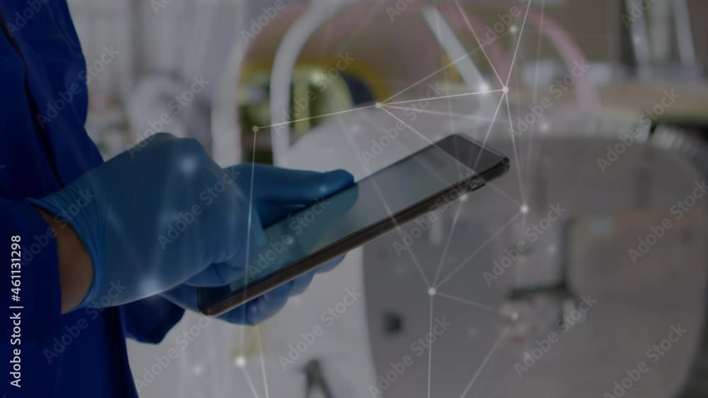 Poster animation of network of connections over hands of caucasian man using tablet
