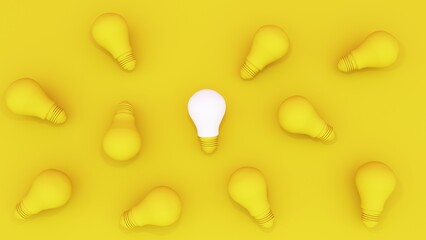 3d render. light bulbs on a bright background with one burning bulb in the center