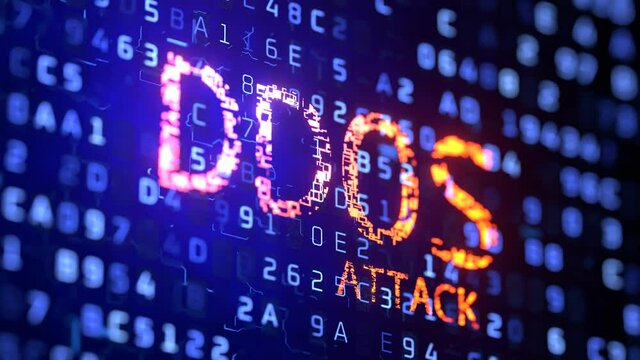 DDoS inscription. concept of ddos attack on computer systems. Rotate the camera around write DDoS. Seamless video.