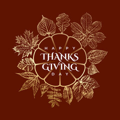 Happy Thanksgining Day Inverted Pumpkin Shape Logo with Maple Hazel Oak Sycamore and Other Fall Leaves Greetings Template - Gold on Brown Background - Hand Drawn Design