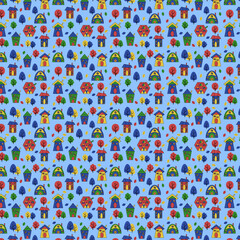 Multicolored pattern with houses and trees