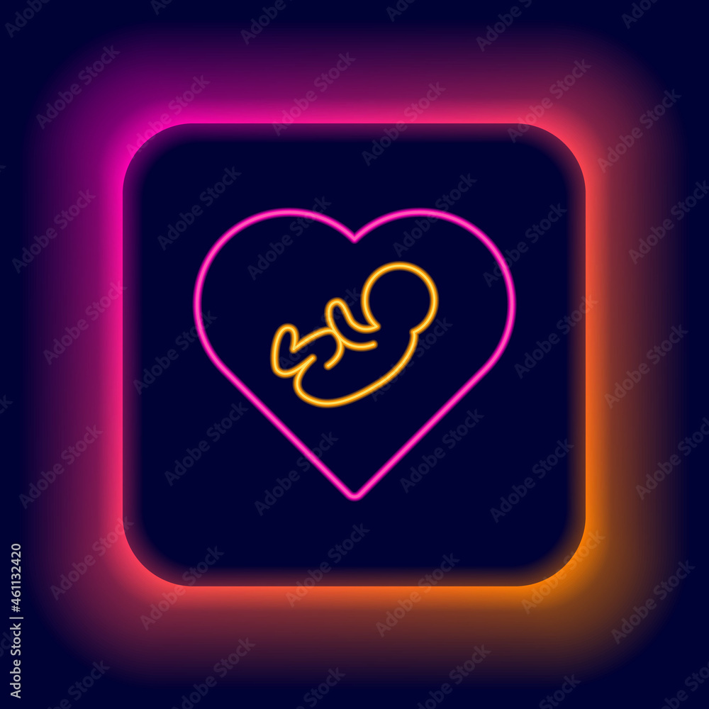 Sticker Glowing neon line Baby inside heart icon isolated on black background. Colorful outline concept. Vector