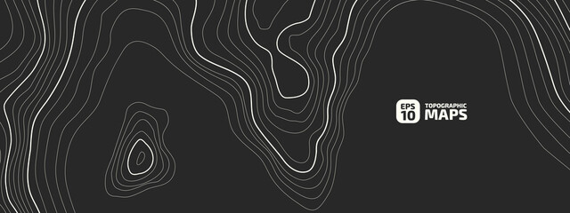 The stylized height of the topographic map contour in lines black an white colors. The concept of a conditional geography scheme and the terrain path. Ultra Wide Size. Vector illustration.