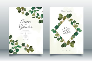  eucalyptus  Wedding invitation card template set with greenery leaves Premium Vector
