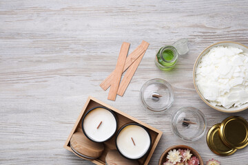 Flat lay composition with homemade candles