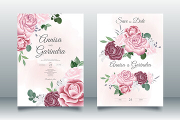 Elegant wedding invitation card with beautiful maroon floral and leaves template Premium Vector