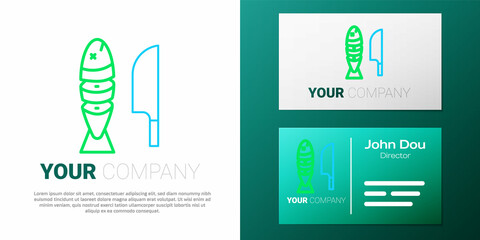 Line Fish with sliced pieces with knife icon isolated on white background. Colorful outline concept. Vector