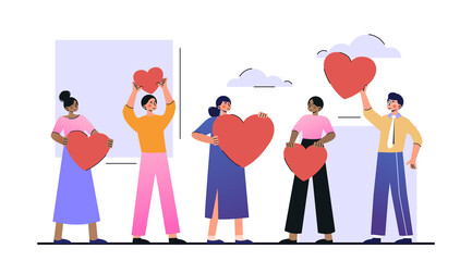 Clients choosing satisfaction rating concept. Men and women write positive reviews and put hearts. Characters give feedback about product. Cartoon flat vector illustration isolated on white background
