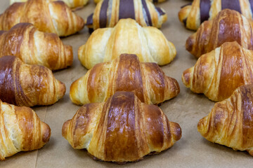 Many croissants with different flavors are arranged in dense rows on the table. Manual production of handmade croissants and pastries