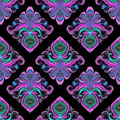 Colorful ikat pattern in vintage style. Elegant ethnic background. Hand drawn oriental art. Seamless geometric vintage texture.	