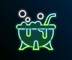 Glowing neon line Halloween witch cauldron icon isolated on black background. Happy Halloween party. Colorful outline concept. Vector