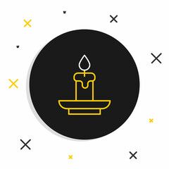 Obraz premium Line Burning candle icon isolated on white background. Cylindrical aromatic candle stick with burning flame. Happy Halloween party. Colorful outline concept. Vector