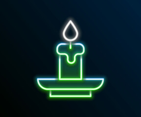 Glowing neon line Burning candle icon isolated on black background. Cylindrical aromatic candle stick with burning flame. Happy Halloween party. Colorful outline concept. Vector