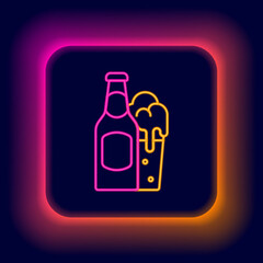 Glowing neon line Beer bottle and glass icon isolated on black background. Alcohol Drink symbol. Colorful outline concept. Vector