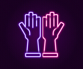 Glowing neon line Rubber gloves icon isolated on black background. Latex hand protection sign. Housework cleaning equipment symbol. Colorful outline concept. Vector