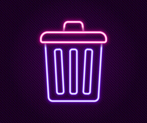 Glowing neon line Trash can icon isolated on black background. Garbage bin sign. Recycle basket icon. Office trash icon. Colorful outline concept. Vector