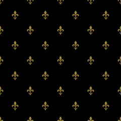 Seamless pattern with heraldic fleur de lis symbol. Small golden silhouettes on black background.